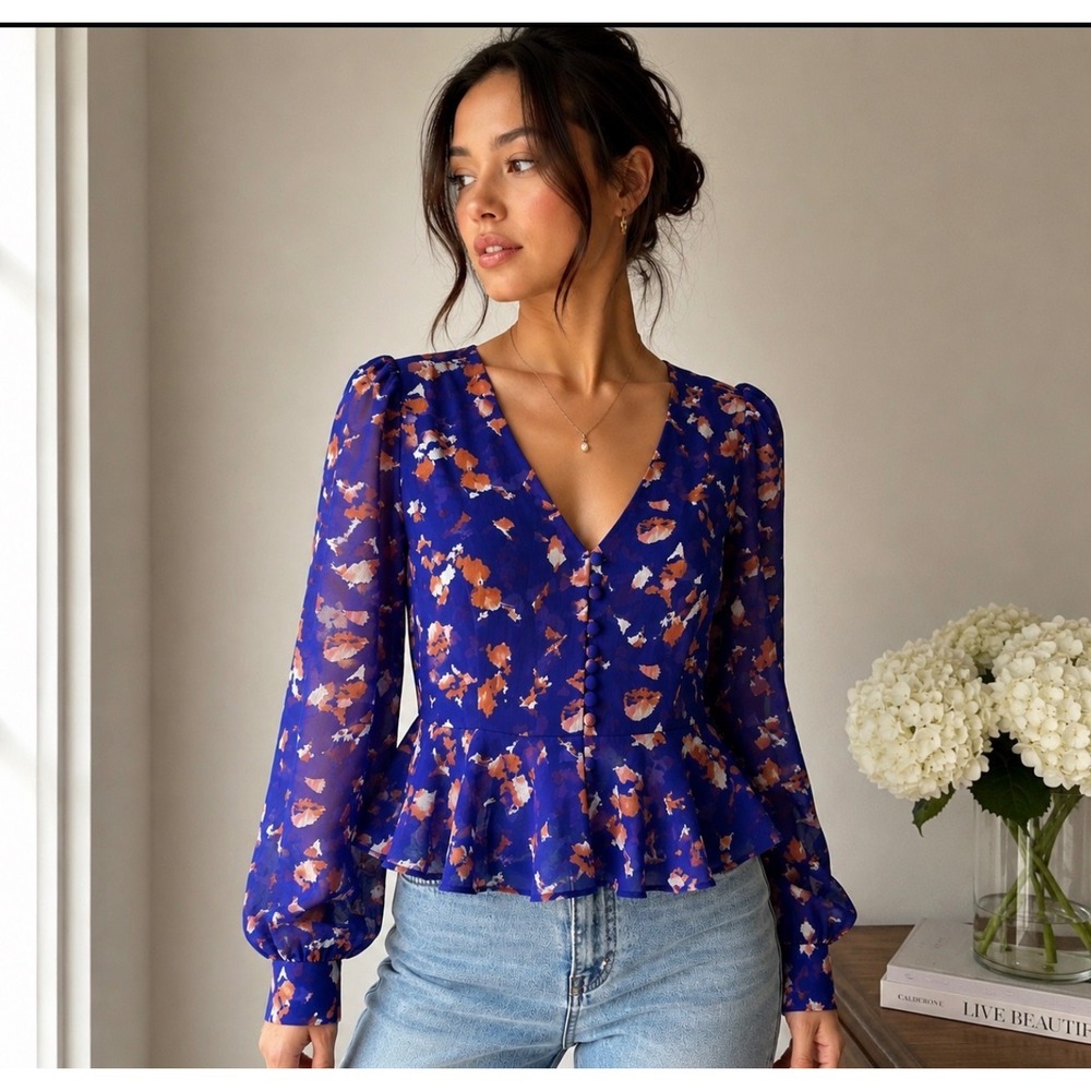 Blue Abstract Floral Peplum‎ Blouse V-Neck Button Front Long Sleeve XS